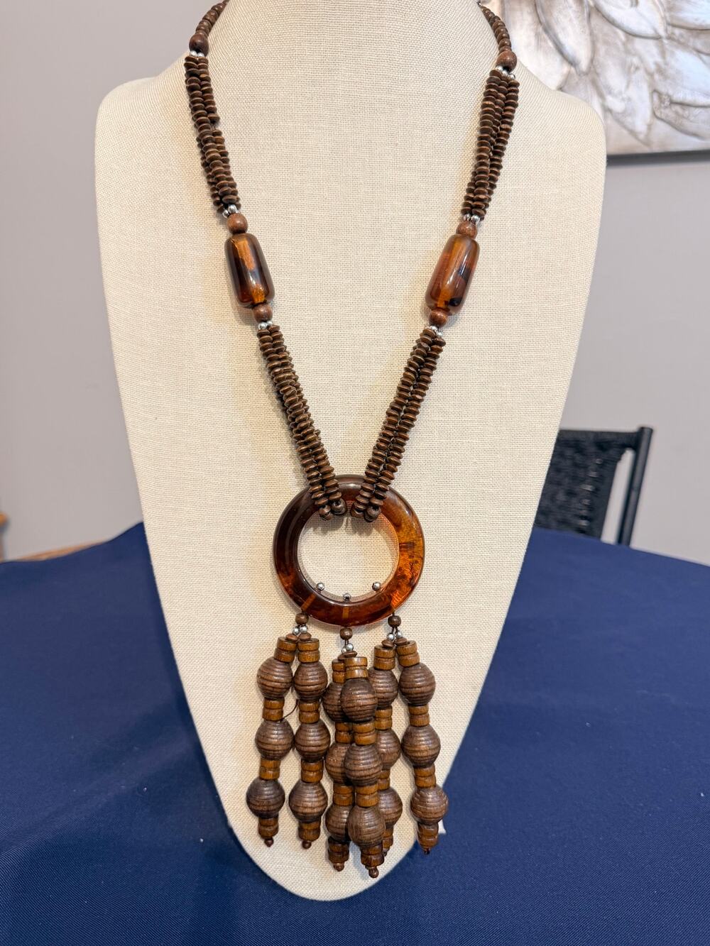Vintage 26” Acrylic & Wood Tassel Statement Necklace